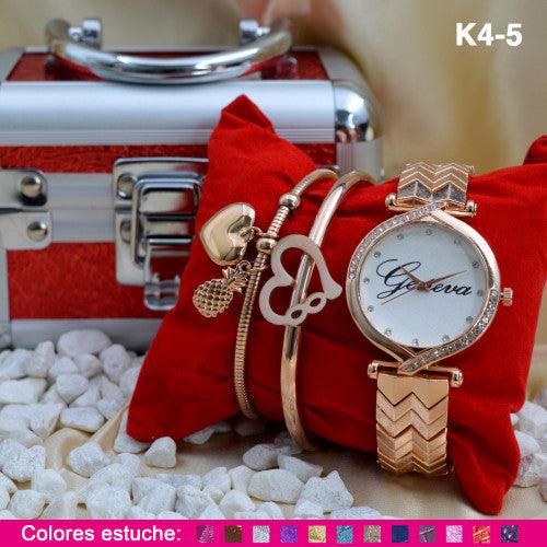 K4 RELOJ GENEVA + PULSERAS COFRE METAL