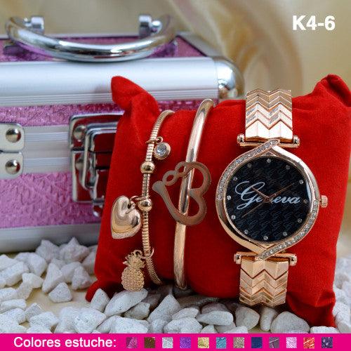 K4 RELOJ GENEVA + PULSERAS COFRE METAL