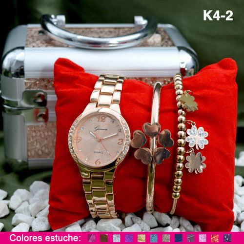 K4 RELOJ GENEVA + PULSERAS COFRE METAL