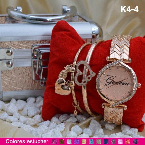 K4 RELOJ GENEVA + PULSERAS COFRE METAL