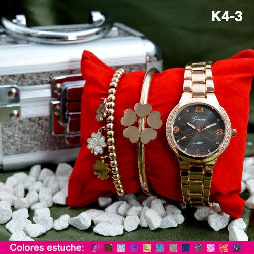 K4 RELOJ GENEVA + PULSERAS COFRE METAL